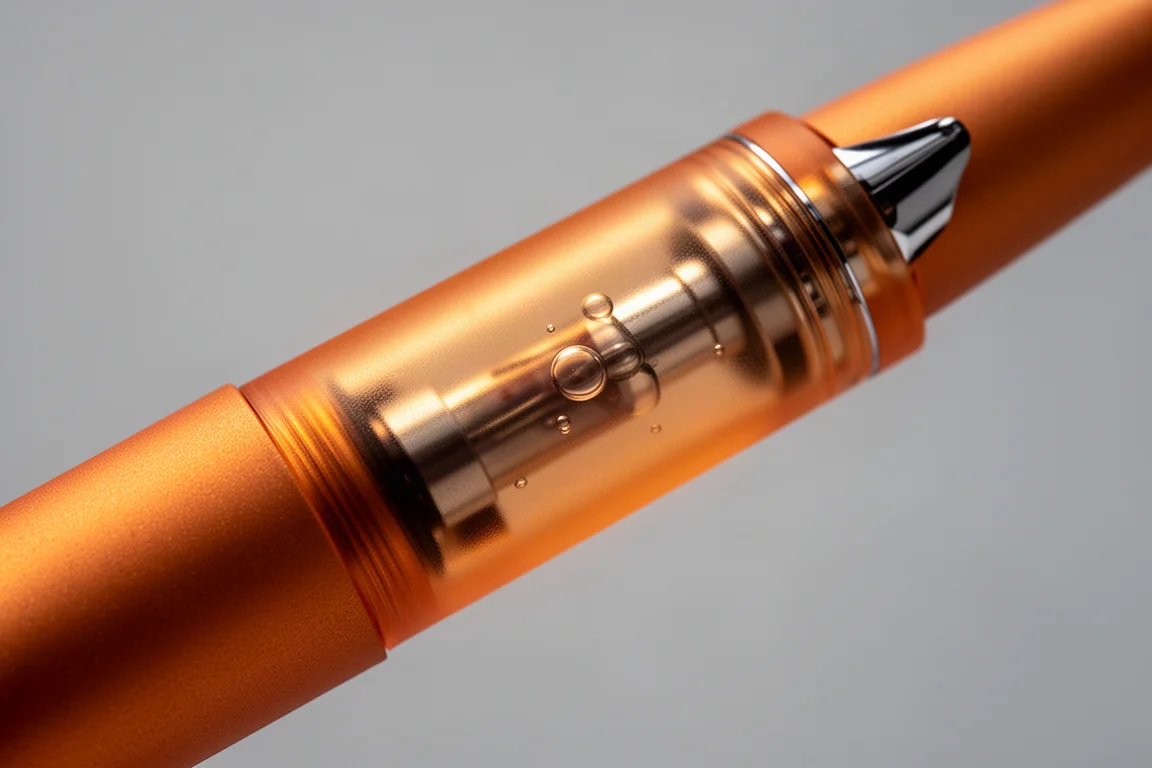 Translucent orange demonstrator pen barrel showing ink level and piston mechanism