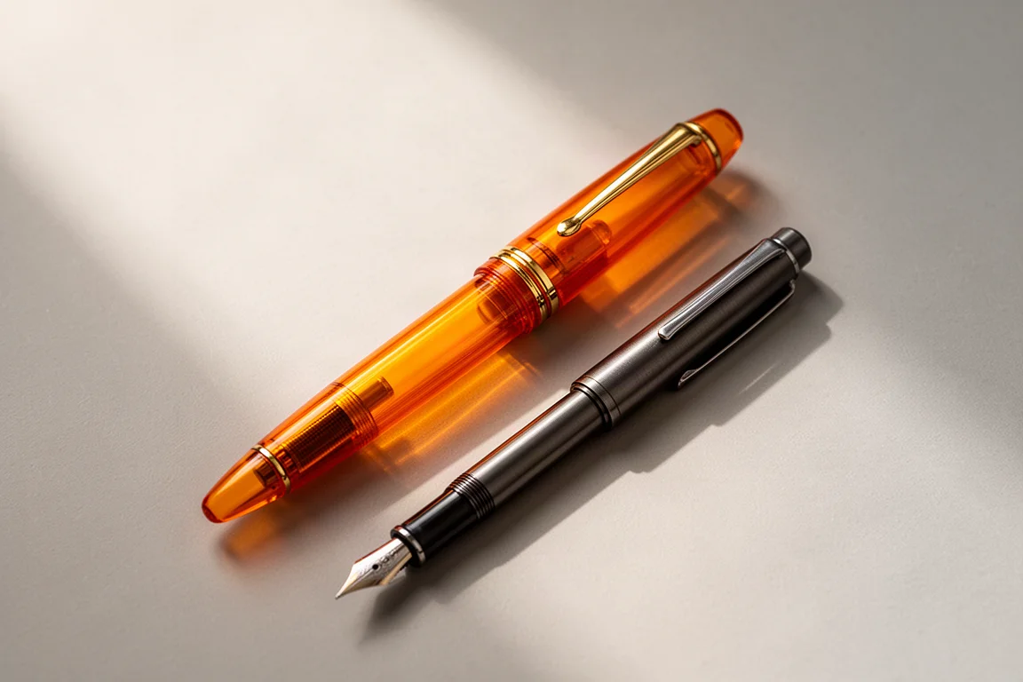Large fountain pen lying beside a smaller metal pen for scale comparison