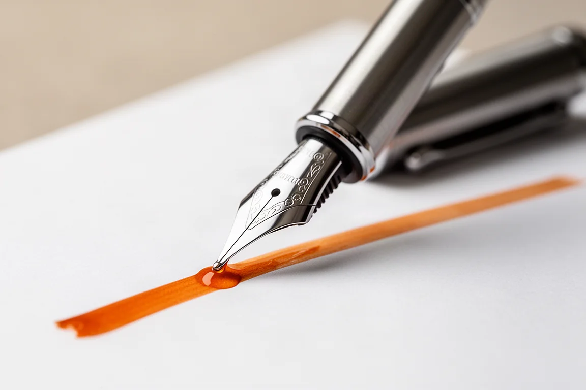 Fountain pen nib writing wet orange ink lines on white paper