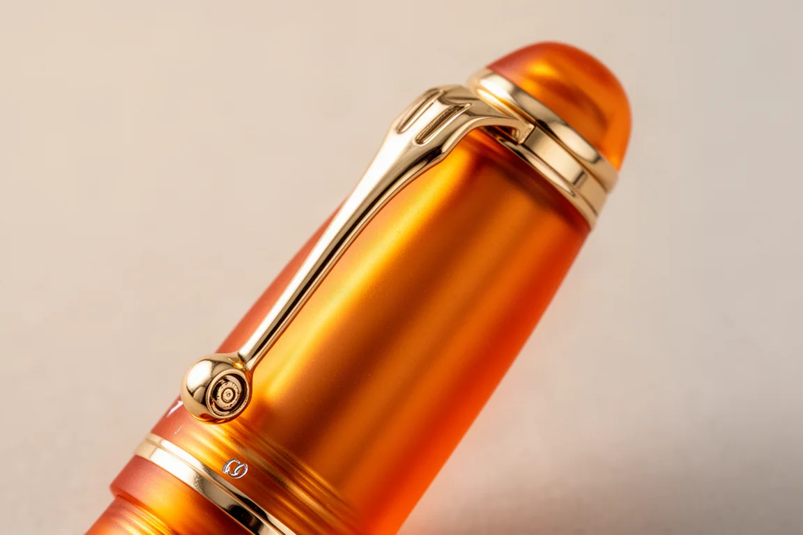 Close-up of gold trim rings, clip wheel and engraving on an orange pen cap