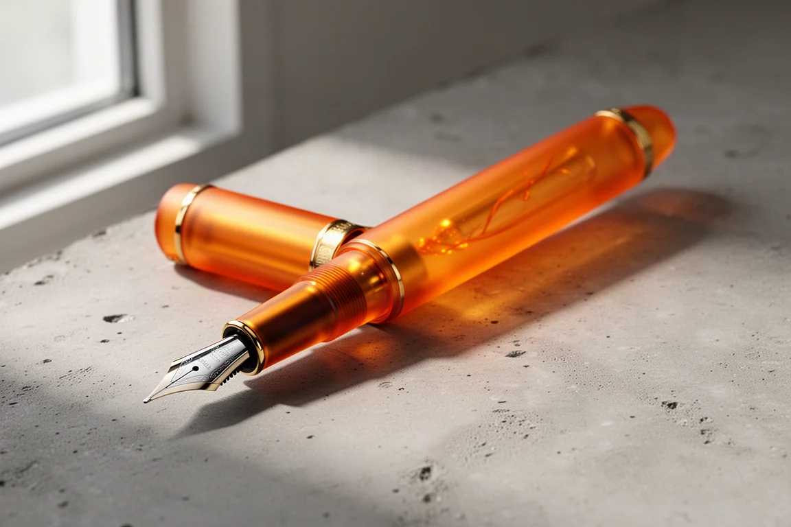 Translucent orange fountain pen with gold trim resting on a concrete surface