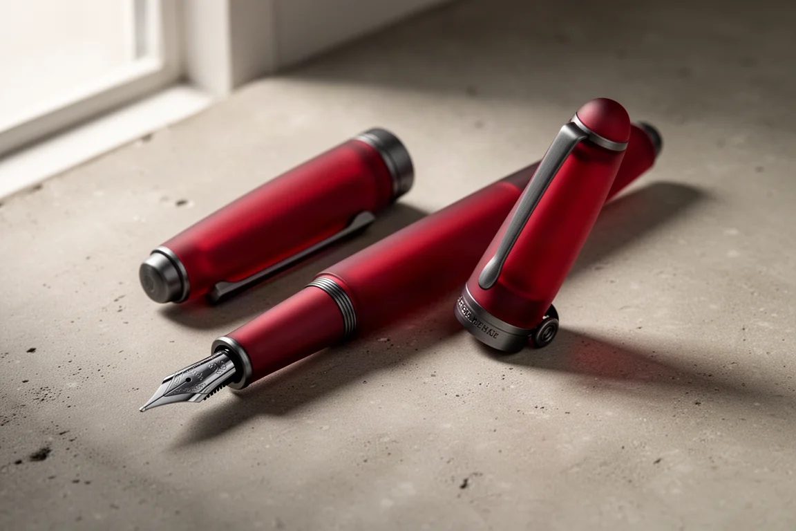 Red frosted fountain pen with gunmetal trim on a concrete surface