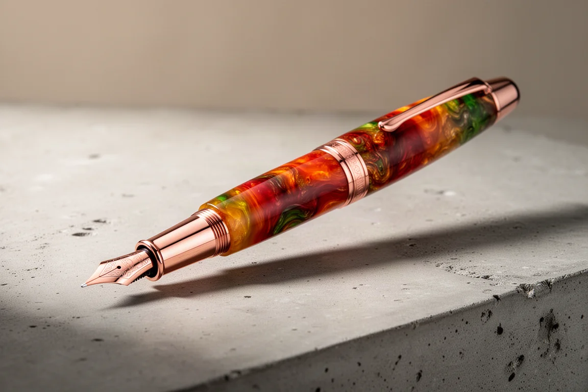 Multicolored swirled resin fountain pen with rose gold trim on a concrete surface