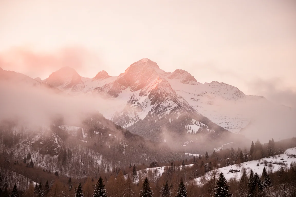 Winterochtend met zonsopgang boven besneeuwde bergen en mistige lucht
