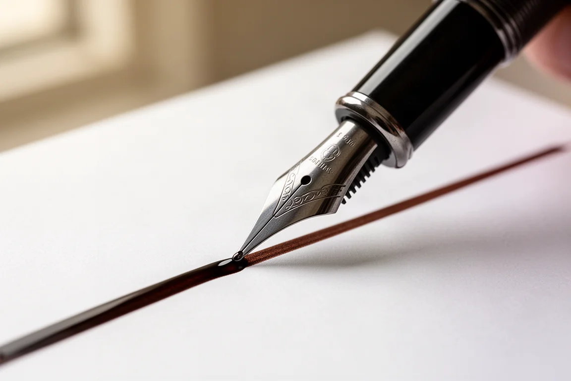 Vulpenpib schrijft op wit papier met donkerbruine inkt