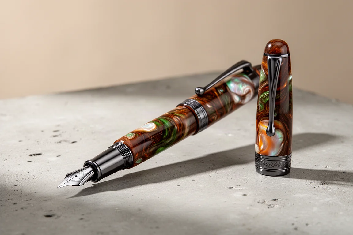 Handmade Italian fountain pen with swirling brown and pearl resin on concrete surface