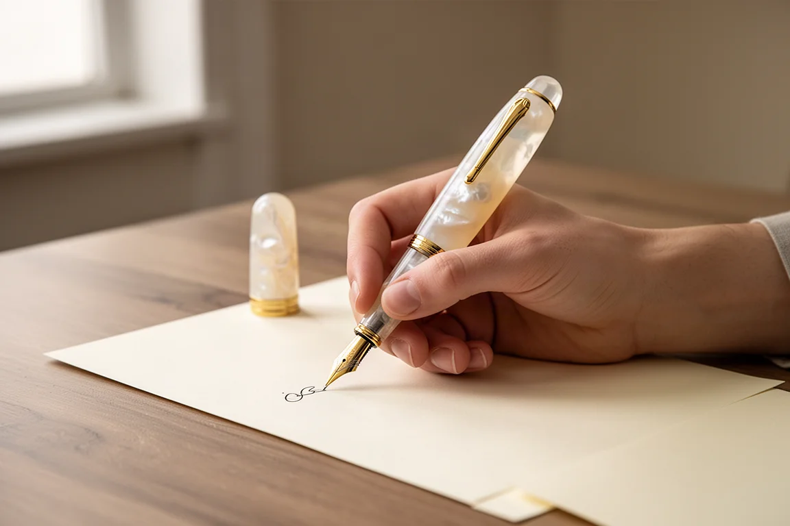 Stilografica impugnata in mano durante una sessione di scrittura su una scrivania in legno