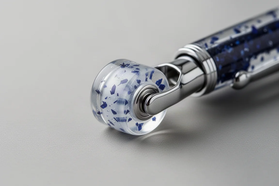 透明樹脂製成的筆夾滾輪,可見一片藍色碎屑