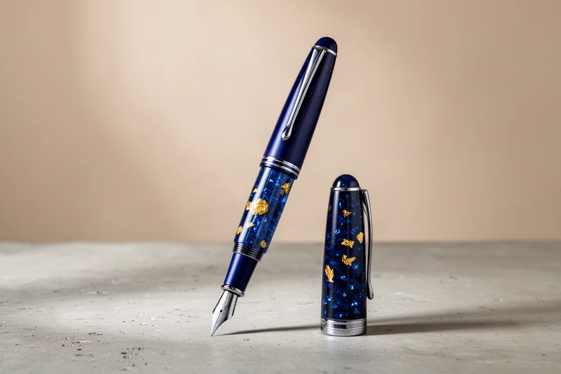 Deep blue limited edition fountain pen with coated trim standing on concrete