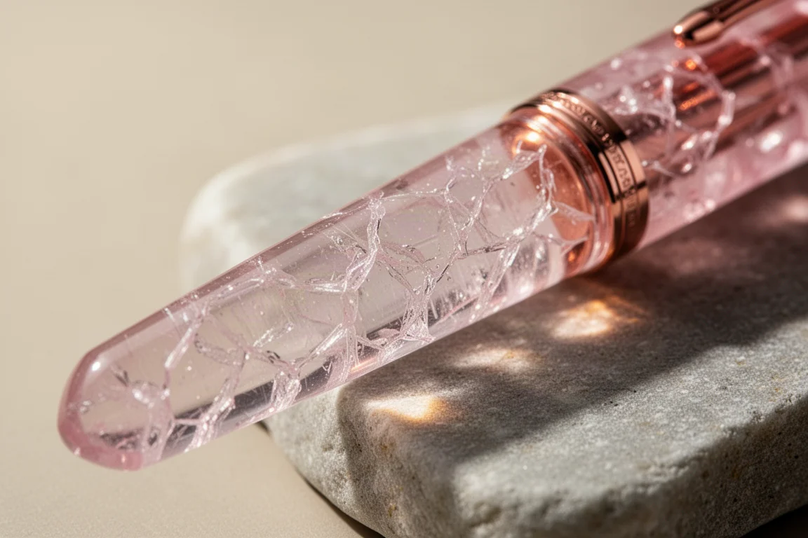 Close-up of pink crystalline fountain pen resin catching light at an angle