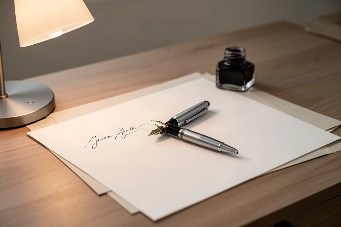 Fountain pen held in hand during a writing session on plain paper