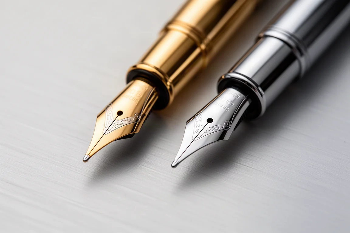 Two fountain pen nibs side by side for comparison on a neutral surface
