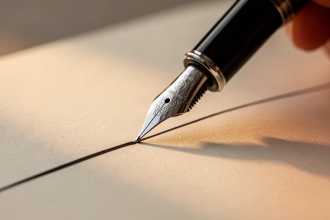 Fountain pen writing on textured paper with nib touching the page