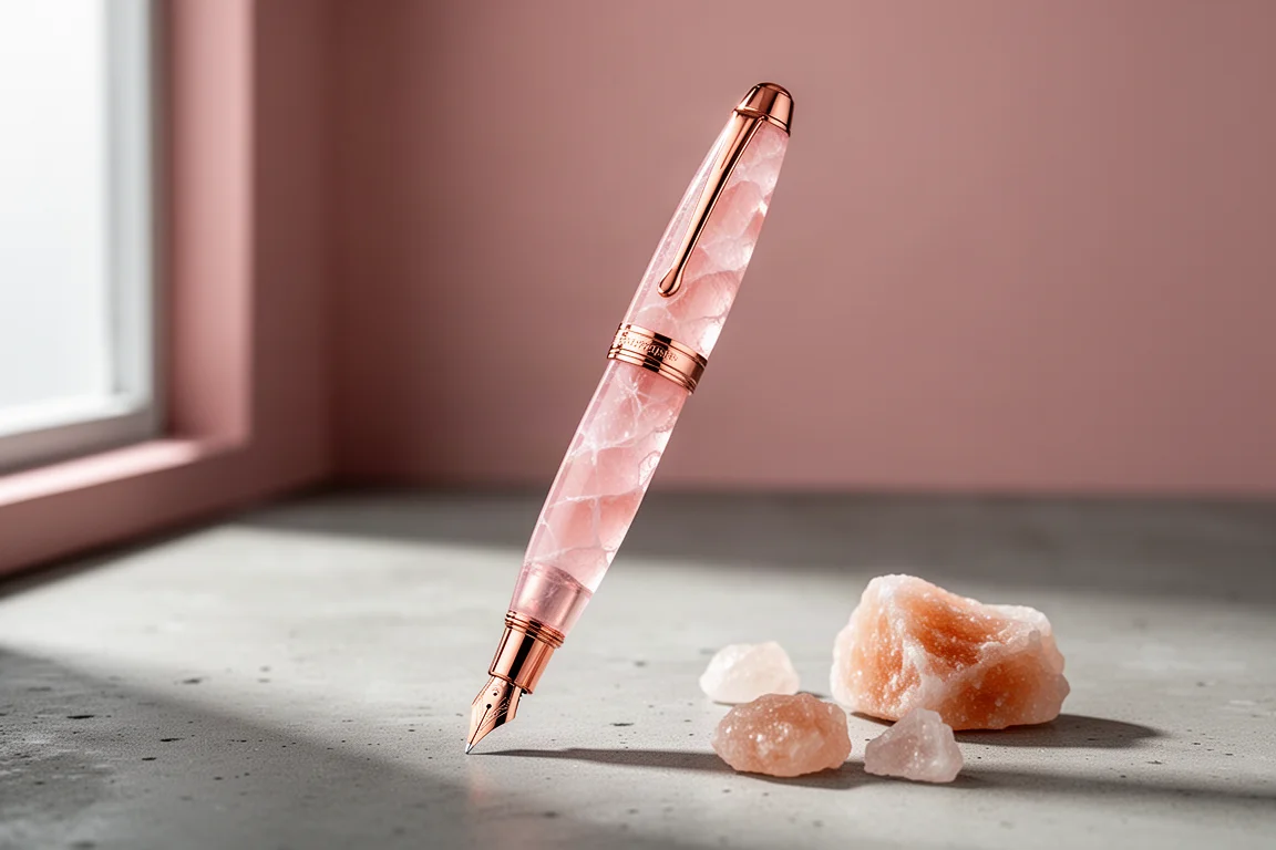Pennino stilografico in resina cristallina rosa con finiture in oro rosa su una superficie di cemento