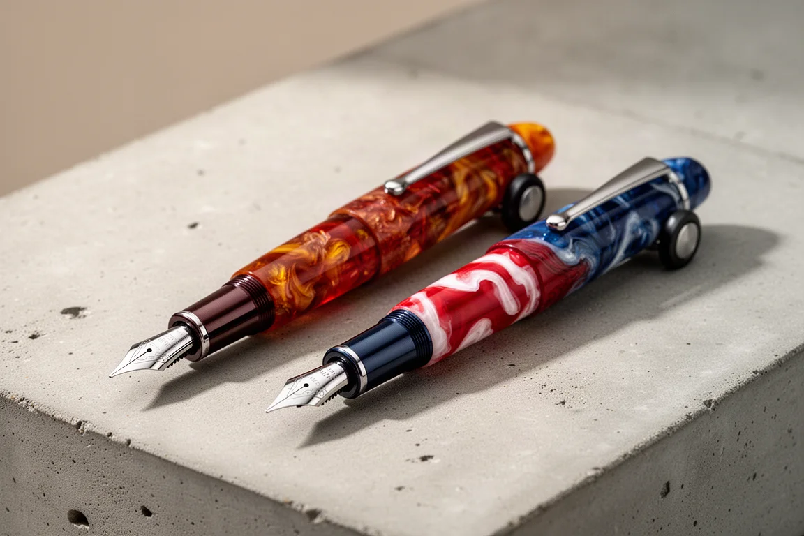 Two limited edition Leonardo Momento Zero fountain pens with swirling multicolored resin