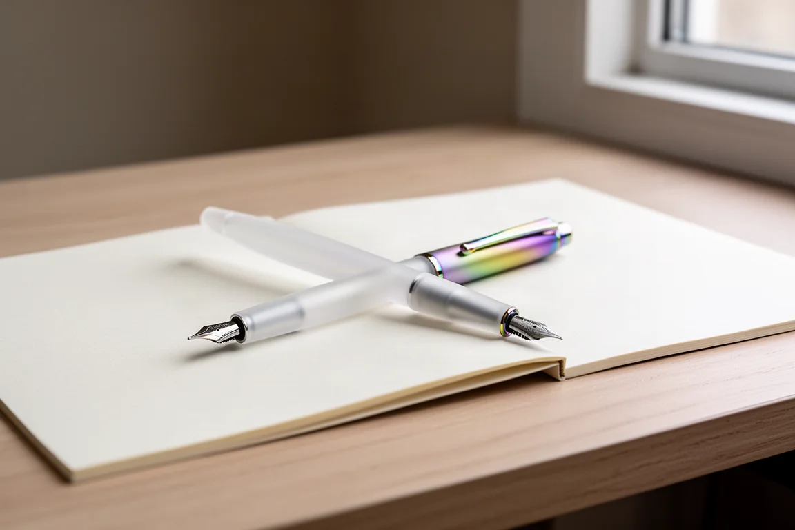 Frosted white vulpen met iriserende regenboog-PVD-finish liggend op een eenvoudige schrijftrap