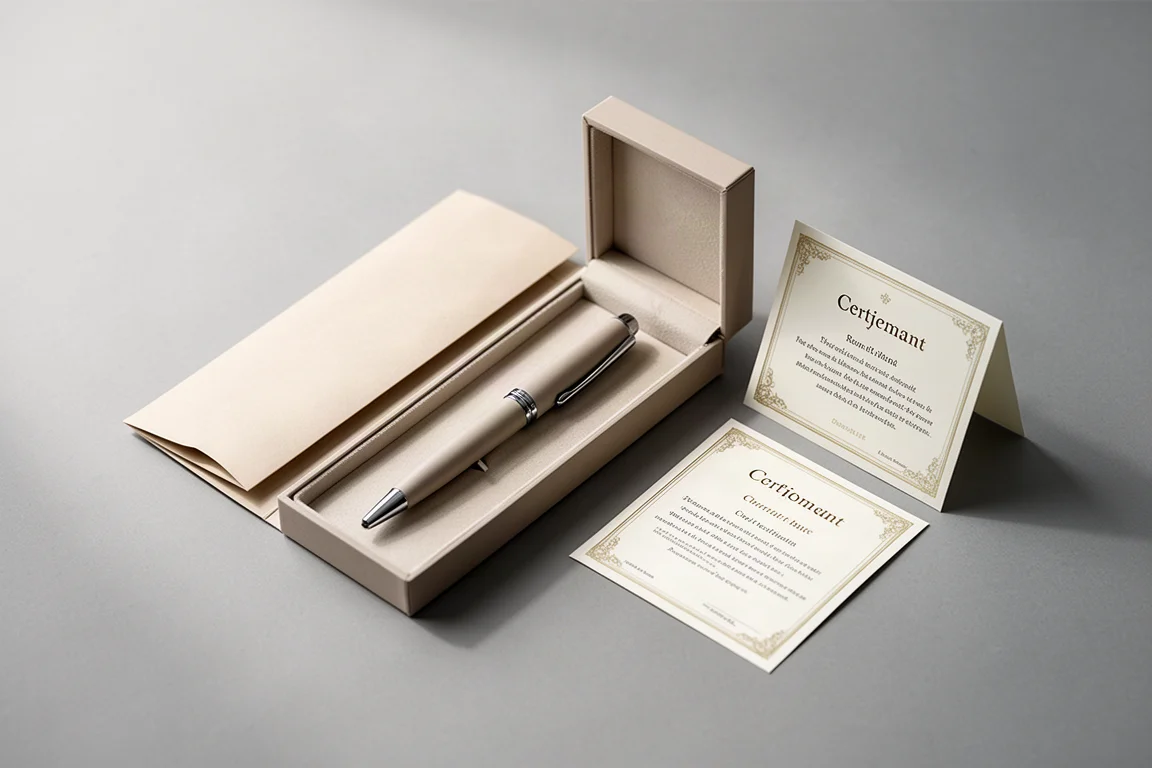Open pennenbox met minimale documentatie en daarnaast een etui met certificaat