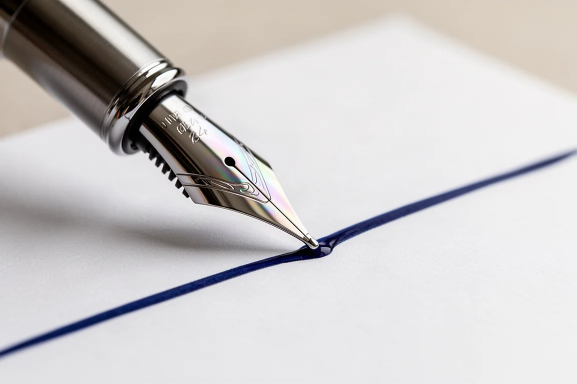 Stalen brede vulpenpunt die een gladde, natte lijn donkerblauwe inkt op wit papier trekt