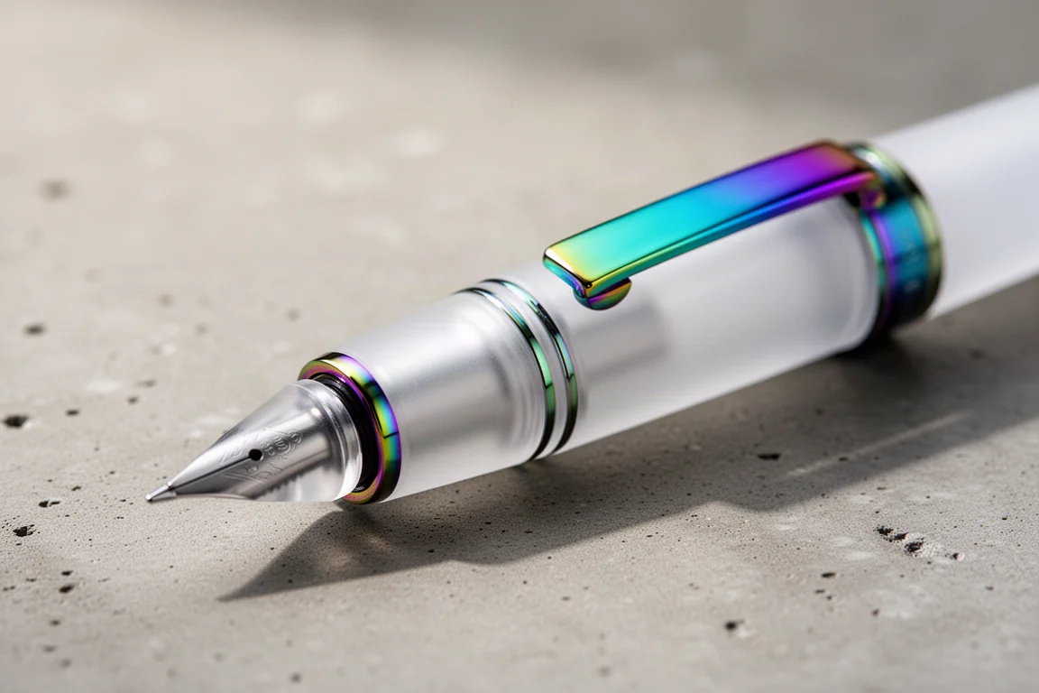 Frosted translucent fountain pen cap showing rainbow PVD coating and clip