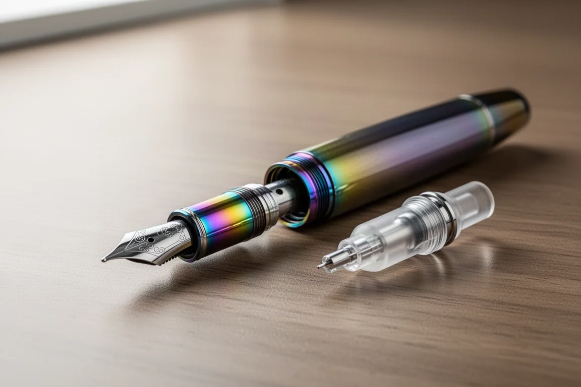Barrel and converter of a fountain pen with rainbow PVD-coated interior metal parts