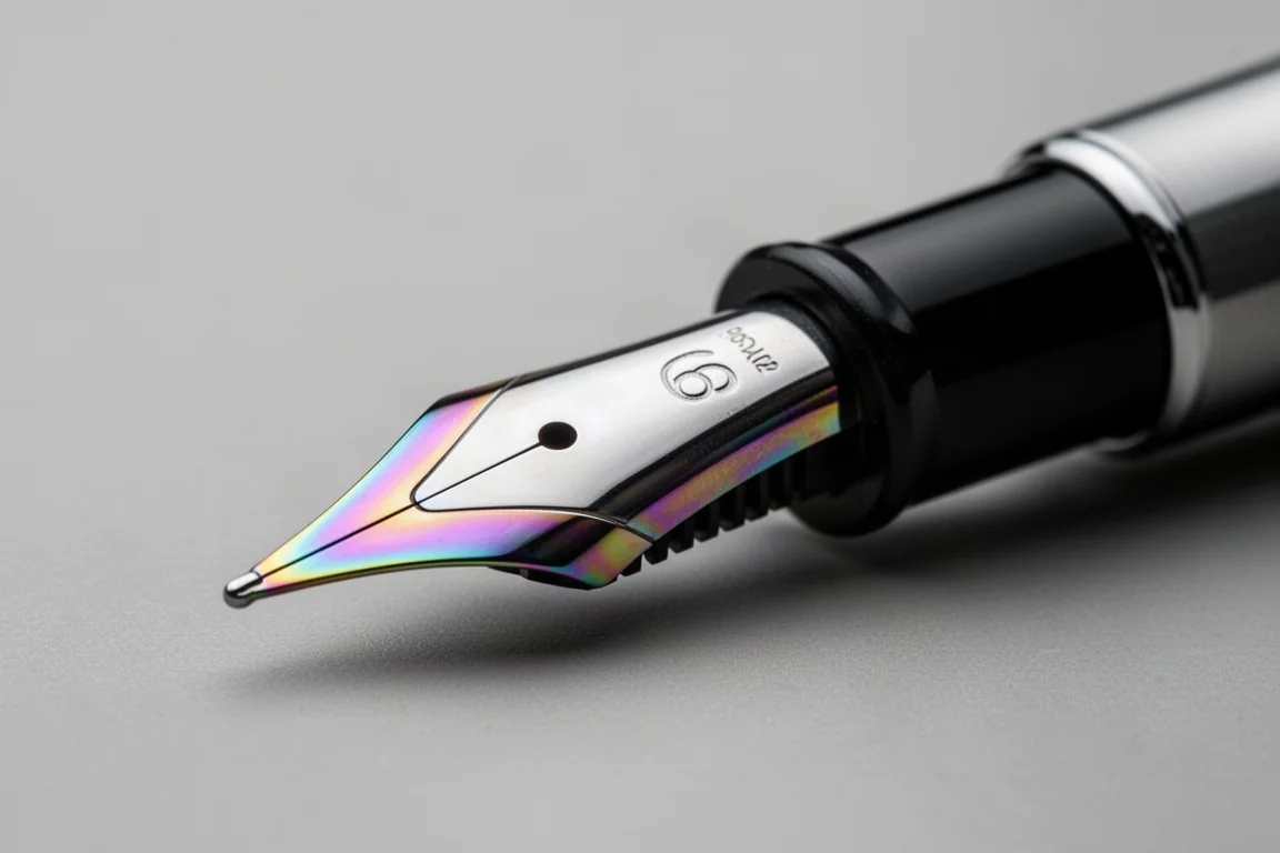 Rainbow PVD-coated steel number six fountain pen nib next to a plastic feed