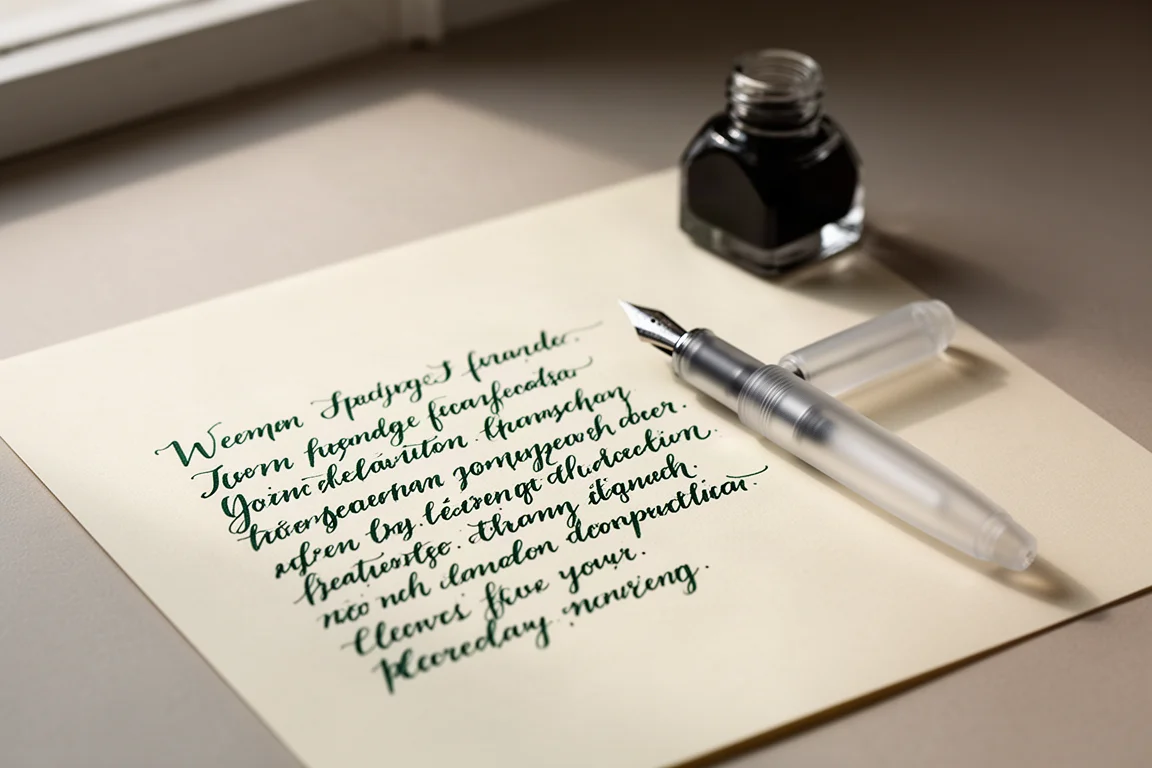 Handwritten page on cream paper with a frosted fountain pen resting nearby