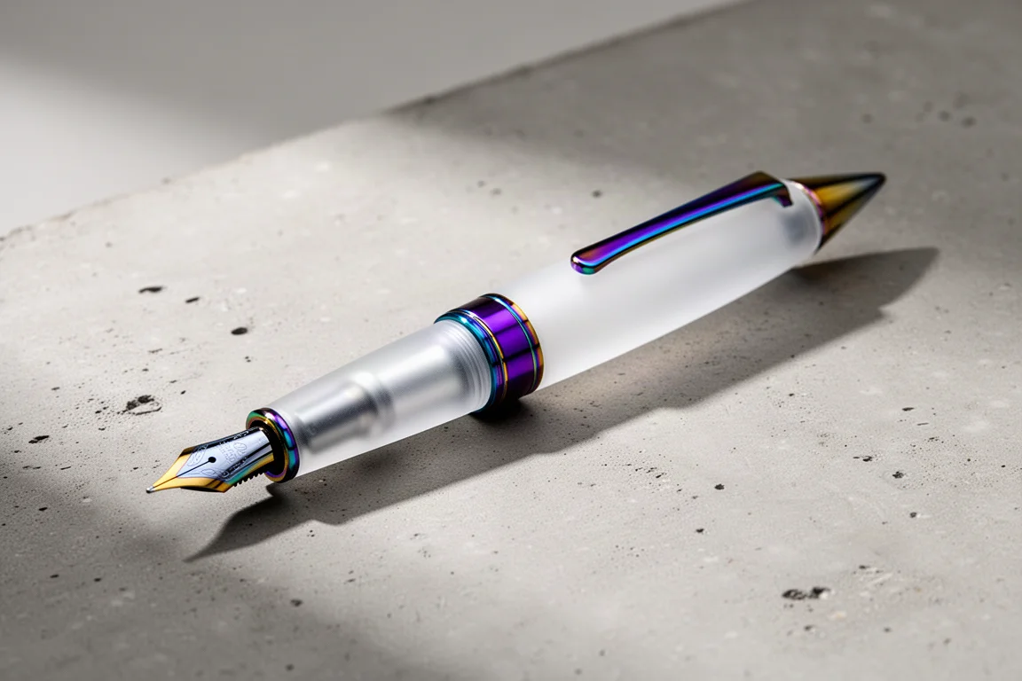 Penna stilografica Leonardo Momento Zero Prisma bianca satinata con finiture PVD arcobaleno su una superficie neutra