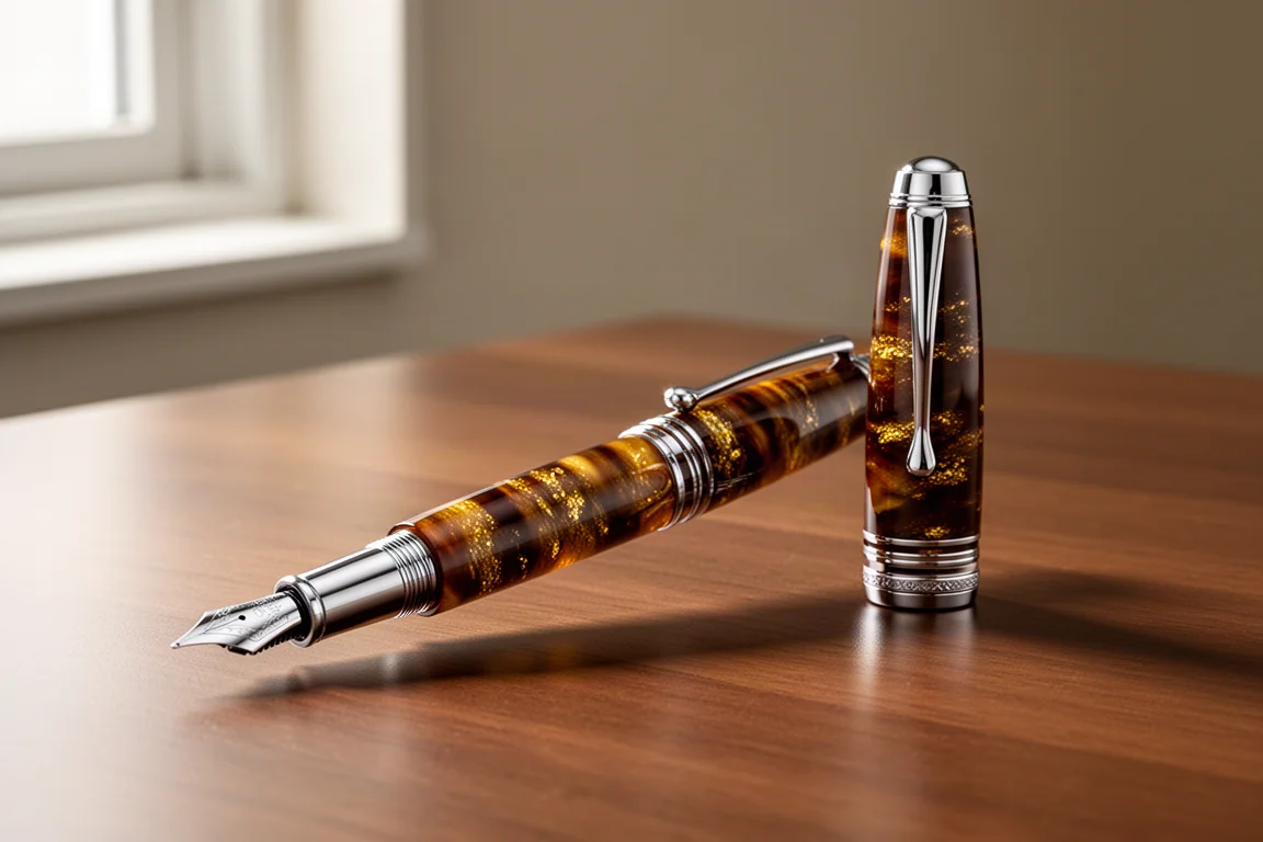 Leonardo Momento Zero Radici fountain pen in amber tortoise resin with gold shimmer on a wooden desk