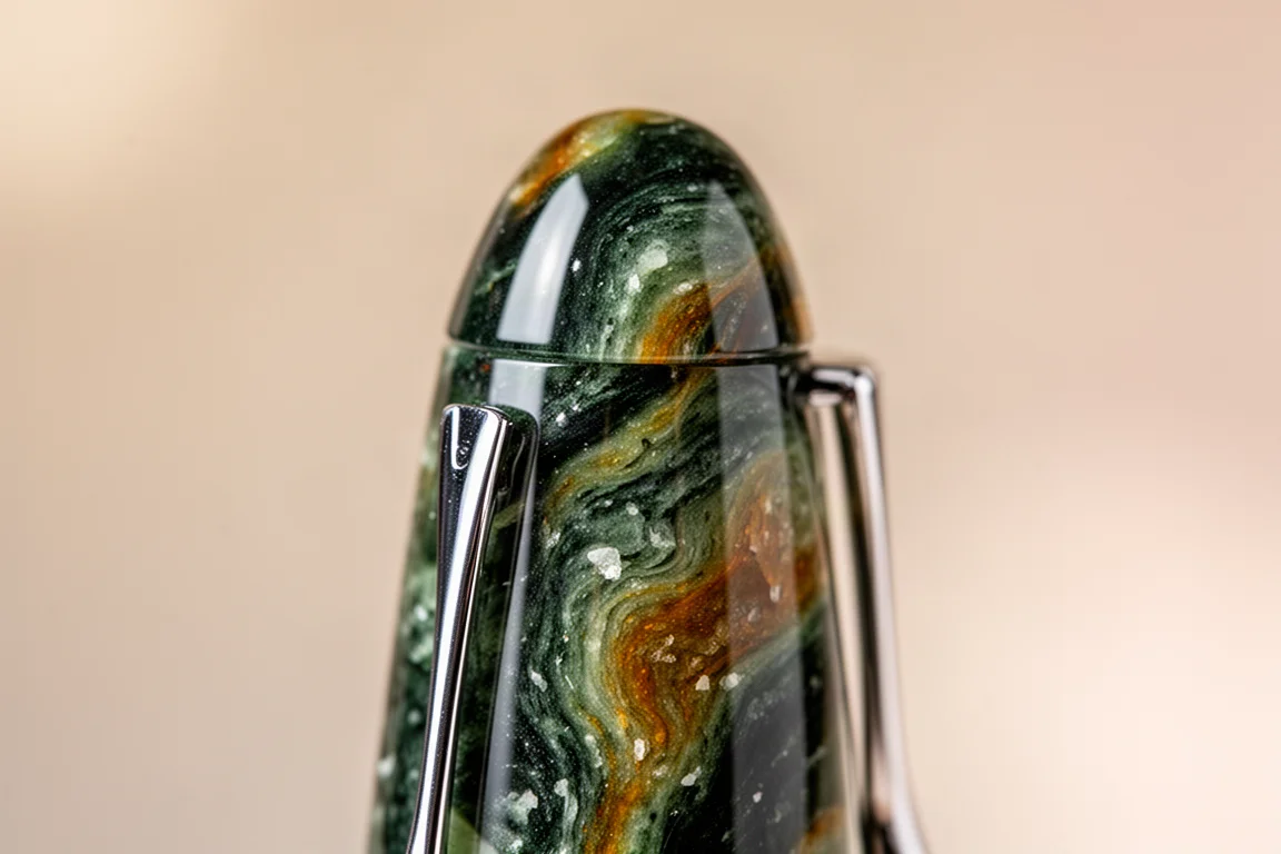 Füllfederhalter-Deckel aus Jade-Resin mit marmorierten grünen und bernsteinfarbenen Sprenkeln