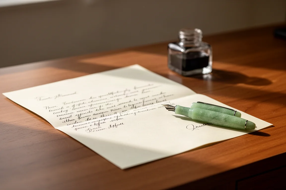 Handschriftlicher Brief mit einem jadegrünen Füllfederhalter auf einem Schreibtisch