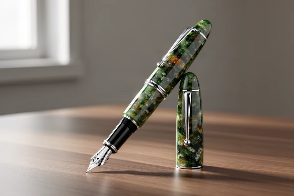 Leonardo Momento Zero fountain pen in jade resin on a wooden desk