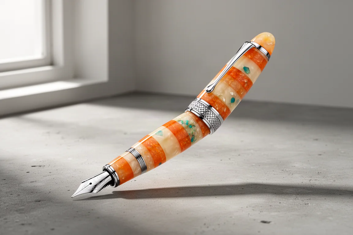 Leonardo Mosaico fountain pen with layered orange and cream resin on a concrete surface