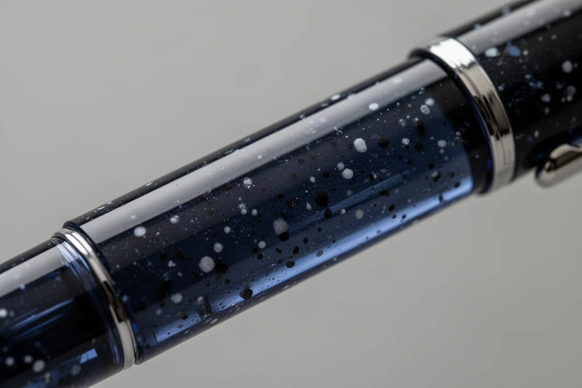 Mörkblå halvgenomskinlig resin-barrel med svarta och vita prickar under mjukt ljus