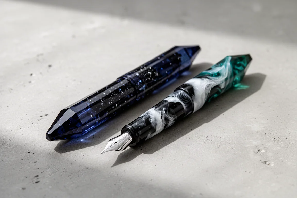 Two Leonardo Poliedra fountain pens with faceted resin bodies on a concrete surface