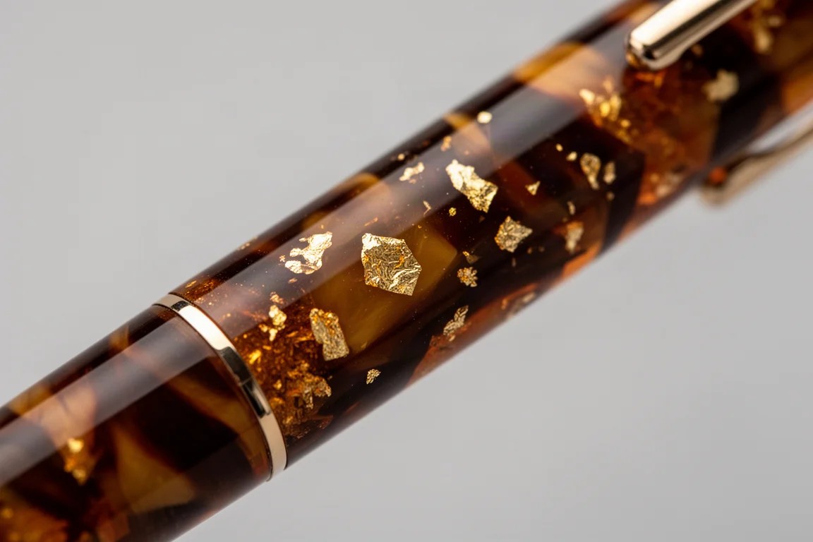 Fountain pen barrel close-up showing amber resin with suspended gold flake
