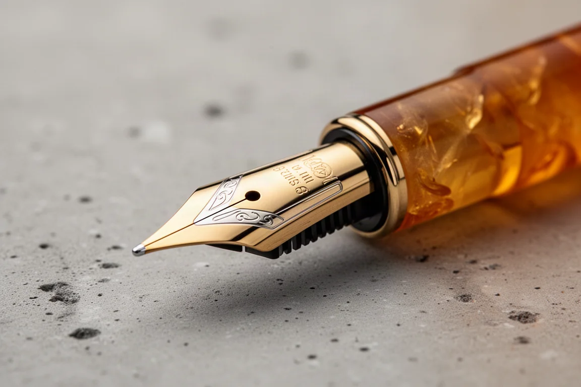 Fountain pen nib close-up with gold-plated stainless steel finish
