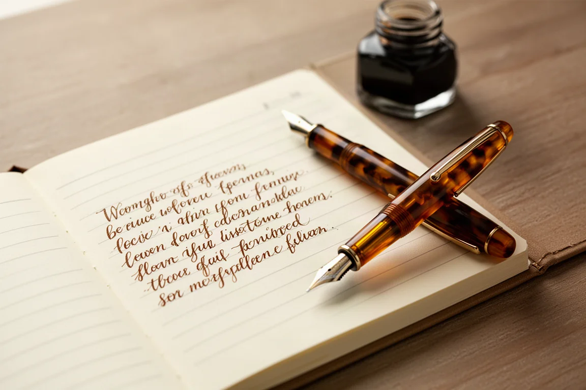 Fountain pen resting beside a lined notebook with handwritten brown ink sample