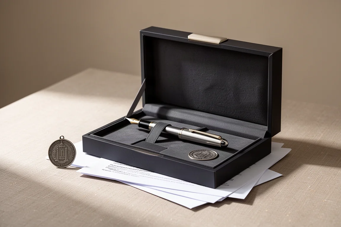 Fountain pen boxed in gift packaging on a clean desk