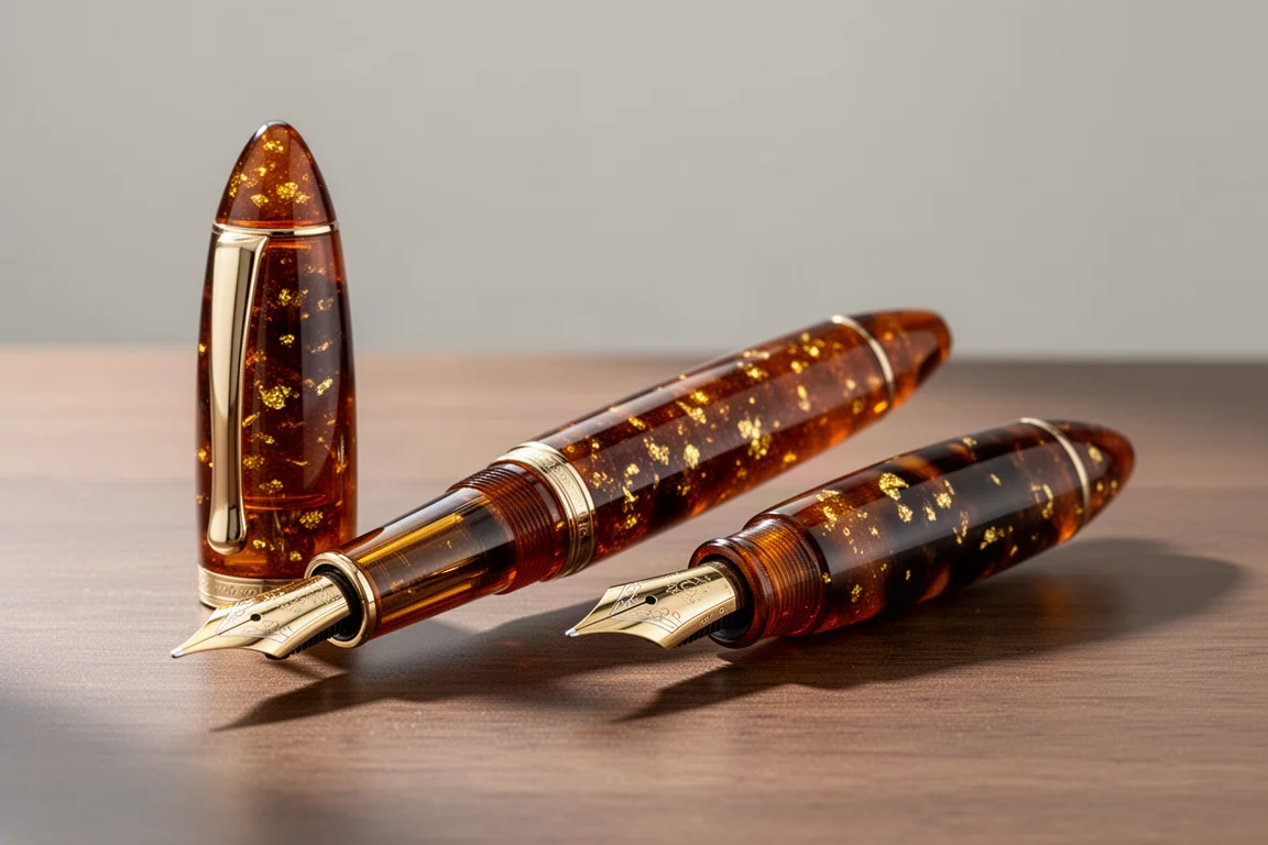 Penna stilografica ambrata effetto guscio di tartaruga con pennino placcato oro su una scrivania in legno