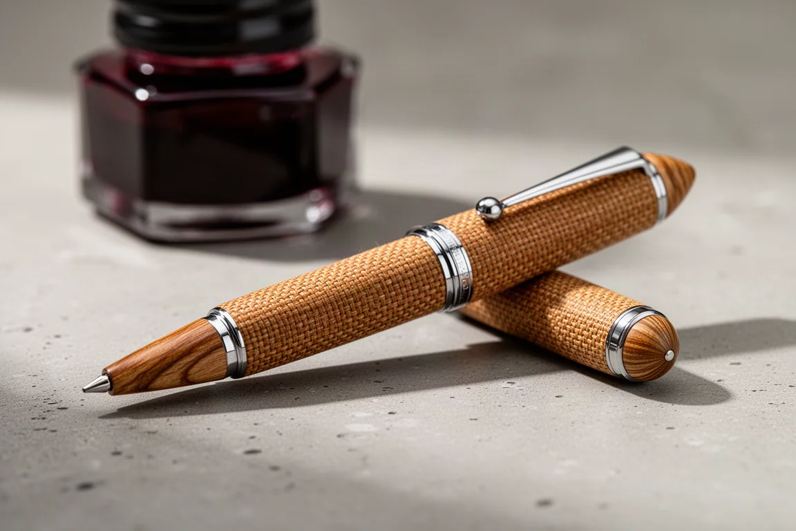 Penna stilografica in Micarta con finiture argentate su una superficie in cemento accanto a una boccetta di inchiostro rosso