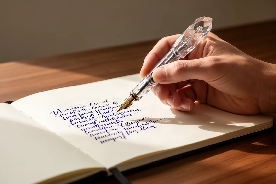 Mano de un escritor sosteniendo una estilográfica facetada mientras toma notas en el escritorio