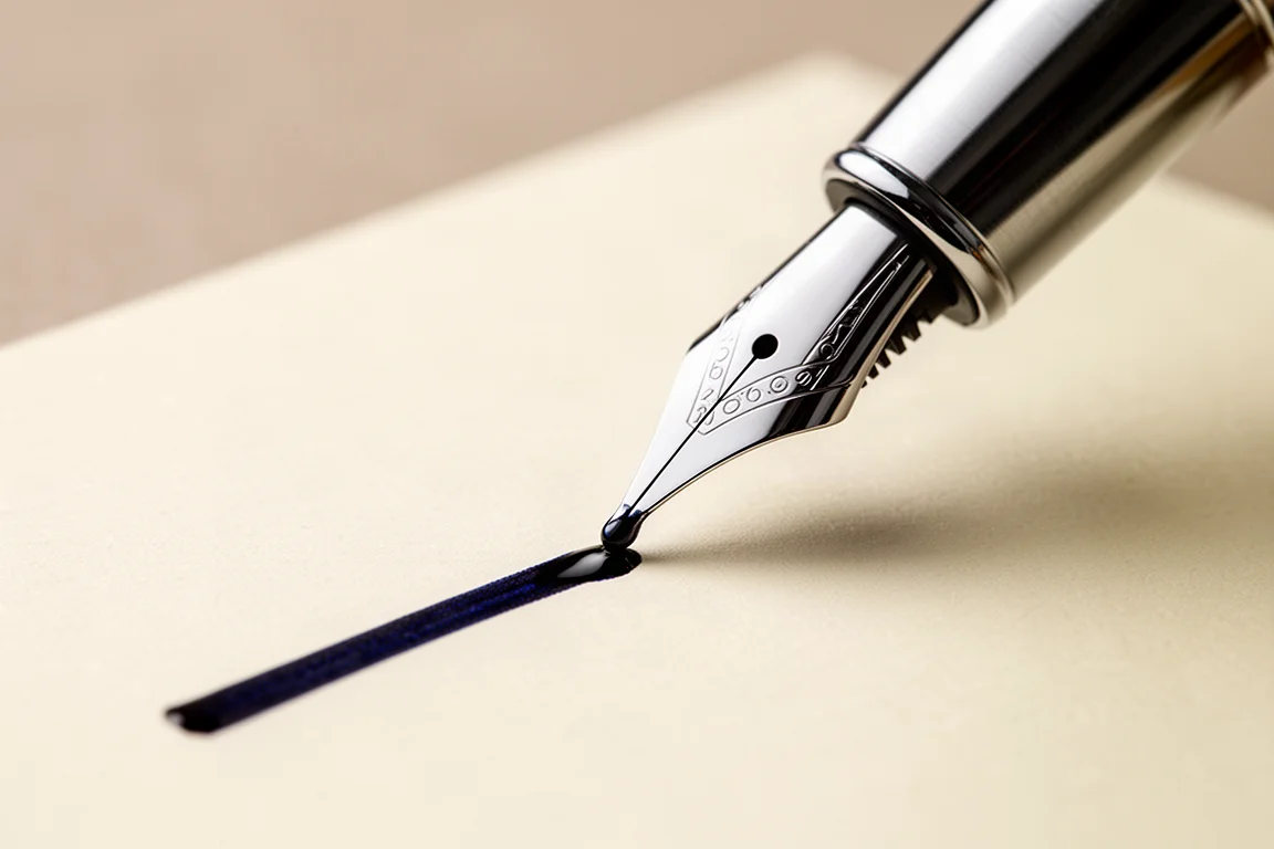 Plumín de acero ancho trazando una línea húmeda de tinta azul negra sobre papel crema
