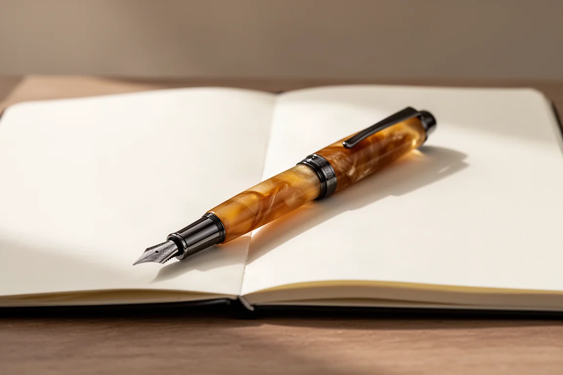 Stylo plume au corps en acrylique caramel marbré sur un bureau en bois à côté d'un carnet