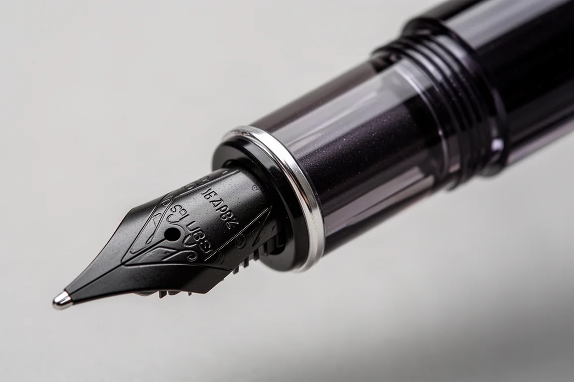 Gros plan sur la section de préhension d'un stylo plume montrant une marche descendante nette vers la plume