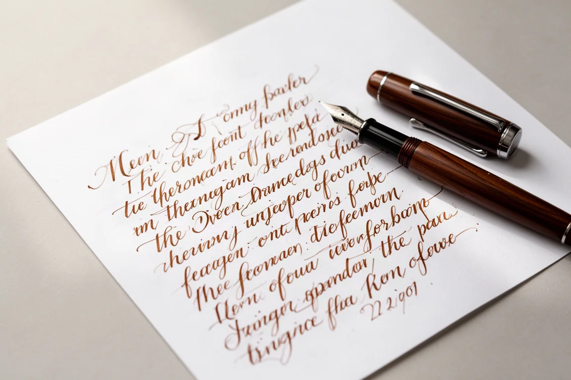 Échantillon d'écriture au stylo plume avec variation de trait expressive sur papier blanc