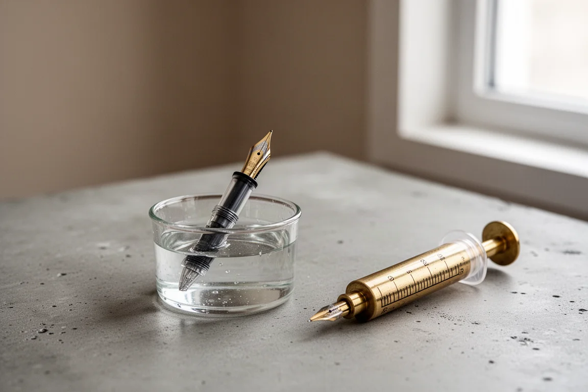 Convertisseur de stylo plume rincé à l'eau dans un verre sur un bureau
