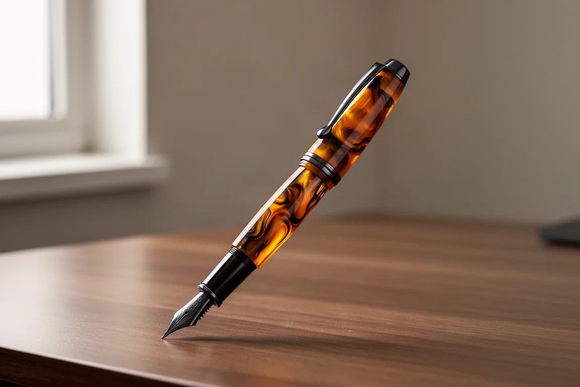 Handmade Italian fountain pen with caramel marbled acrylic and ruthenium trim on a wood desk