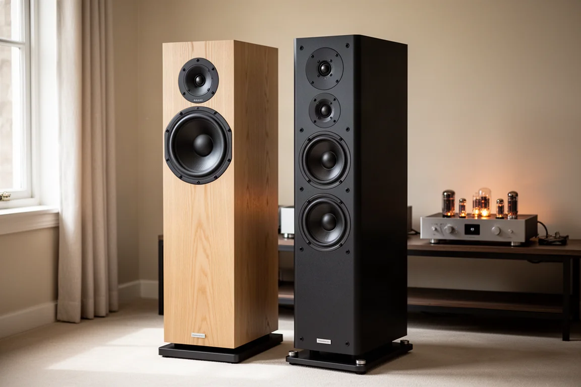 Two floorstanding hi-fi speakers beside a tube amplifier in a warm listening room