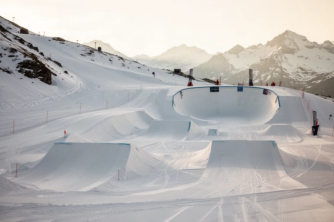Hoppserie i snowpark med färsk snö i mjukt eftermiddagsljus