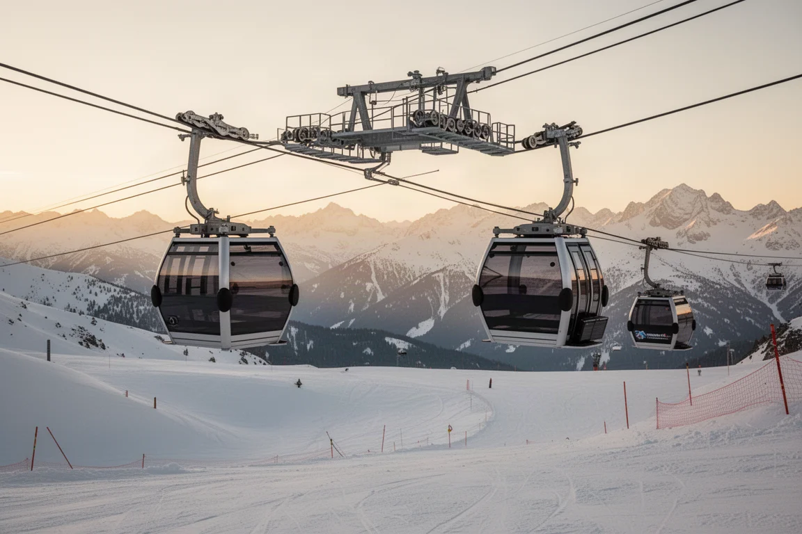 Moderna täckta gondolkabiner som rör sig över alpin terräng i gyllene timmen
